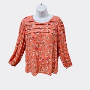 Nanette Lepore peachy salmon pink floral chiffon long sleeve blouse.